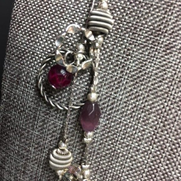 Purple Silver Necklace Wavy Circle Disc Double Strand Round And Retro BoHo - Picture 2 of 7